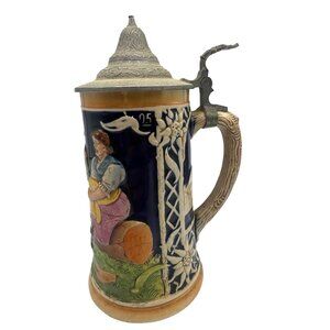 Vintage German Beer Stein 0.5L Handpainted Ceramic Pewter Lid Scenic Bavaria